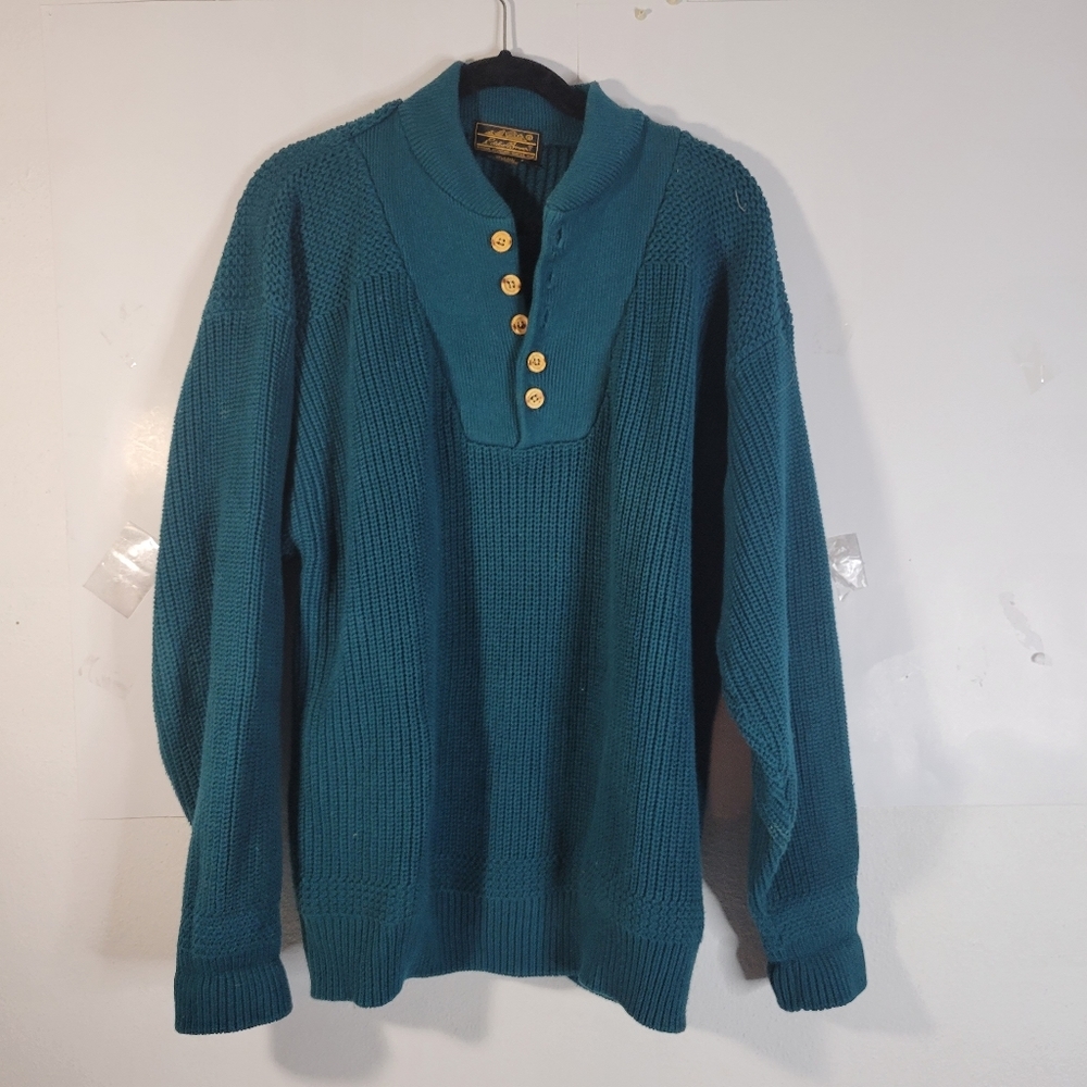 Mens Eddie Bauer Blue green Henley button neck Sweater Size XL 100% Cotton